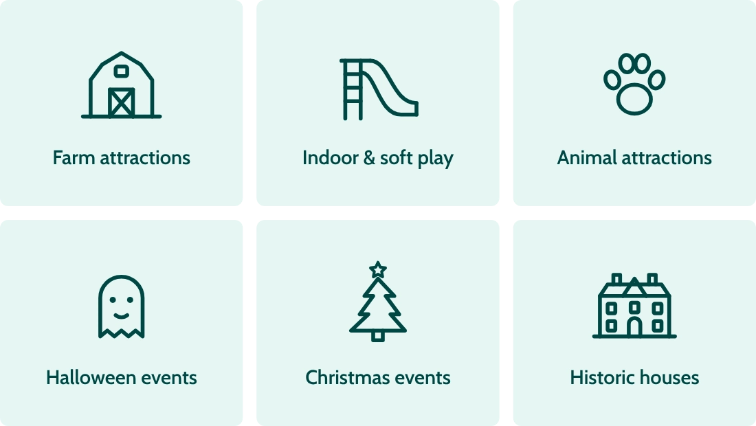 Icons for farm attractions, indoor and soft play, animal attractions, Halloween events, Christmas events and historic houses